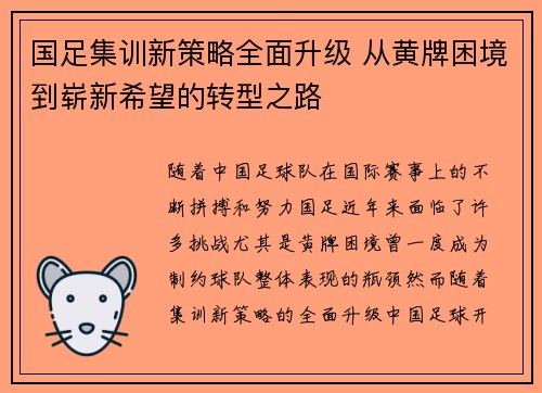 国足集训新策略全面升级 从黄牌困境到崭新希望的转型之路