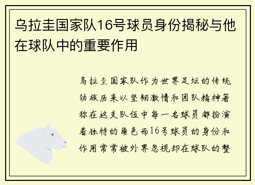 乌拉圭国家队16号球员身份揭秘与他在球队中的重要作用