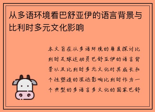 从多语环境看巴舒亚伊的语言背景与比利时多元文化影响 从多语环境看巴舒亚伊的语言背景与比利时多元文化影响