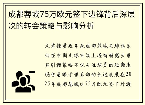 成都蓉城75万欧元签下边锋背后深层次的转会策略与影响分析
