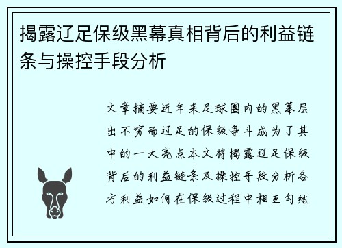 揭露辽足保级黑幕真相背后的利益链条与操控手段分析