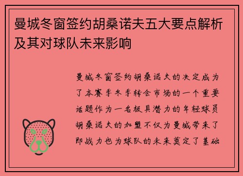 曼城冬窗签约胡桑诺夫五大要点解析及其对球队未来影响