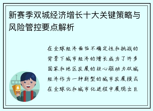 新赛季双城经济增长十大关键策略与风险管控要点解析